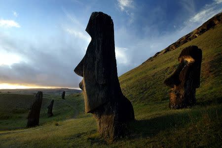 A view of "Moai" statues in Rano Raraku volcano, on Easter Island, 4,000 km (2486 miles) west of Santiago, in this photo taken October 31, 2003. REUTERS/Stringer/Files