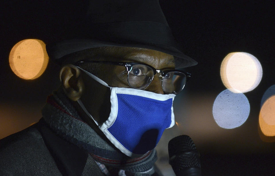 Rev. Jack Sullivan taks about the need to abolish the death penalty during a protest of the execution of Corey Johnson, Thursday, Jan. 14, 2021, near the Federal Correctional Complex in Terre Haute, Ind. (Joseph C. Garza/The Tribune-Star via AP)