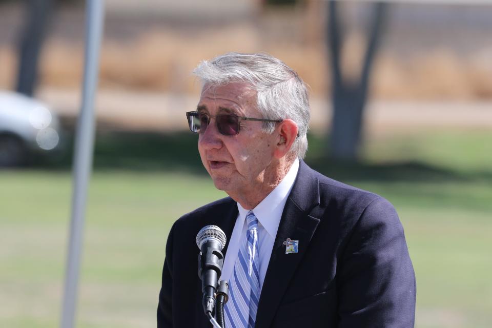 Carlsbad Mayor Dale Janway speaks during the city's Memorial Day ceremony, May 30, 2022 at Carlsbad Veterans Memorial Park. He welcomed passage of Senate Bill 292 by the New Mexico House on March 16, 2023. The bill provides a short-term fix for lost tax revenue in the City of Carlsbad.