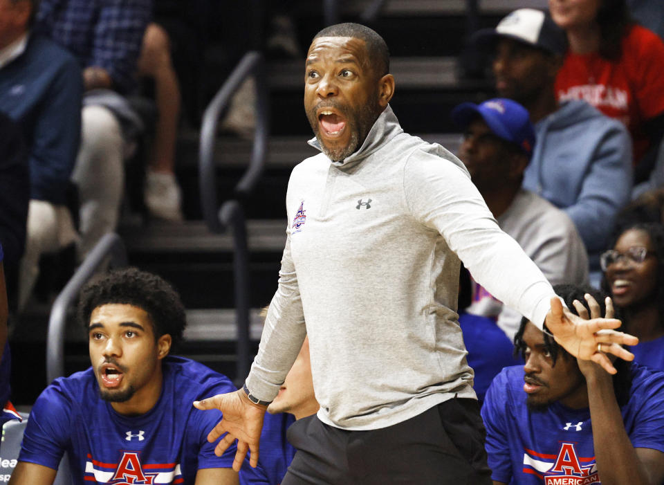 American head coach Duane Simpkins shouts during during the first half of an NCAA college basketball game against Villanova, Monday, Nov. 6, 2023, in Villanova, Pa. (AP Photo/Laurence Kesterson)