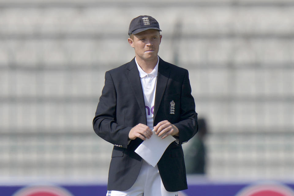 England's Ollie Pope watches after the coin toss before the start of the play of first test cricket match between Pakistan and England, in Multan, Pakistan, Monday, Oct. 7, 2024. (AP Photo/Anjum Naveed)