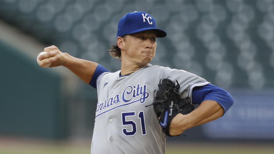 Kansas City Royals' starting pitcher Brady Singer throws during a baseball game, Thursday, July 30, 2020, in Detroit. (AP Photo/Carlos Osorio)