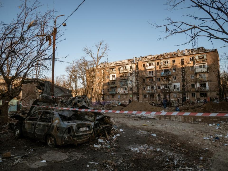 Several buildings are destroyed by fragments of a Russian missile in Kyiv (Anadolu Agency via Getty Images)