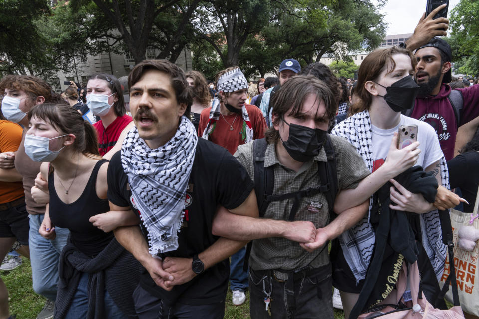 FILE - Demonstrators chant at a pro-Palestinian protest at the University of Texas, on April 24, 2024, in Austin, Texas. Israeli Prime Minister Benjamin Netanyahu has repeatedly accused critics of Israel or his policies of antisemitism, including the U.S. college campus protests and the prosecutor of the International Criminal Court. (Mikala Compton/Austin American-Statesman via AP, File)