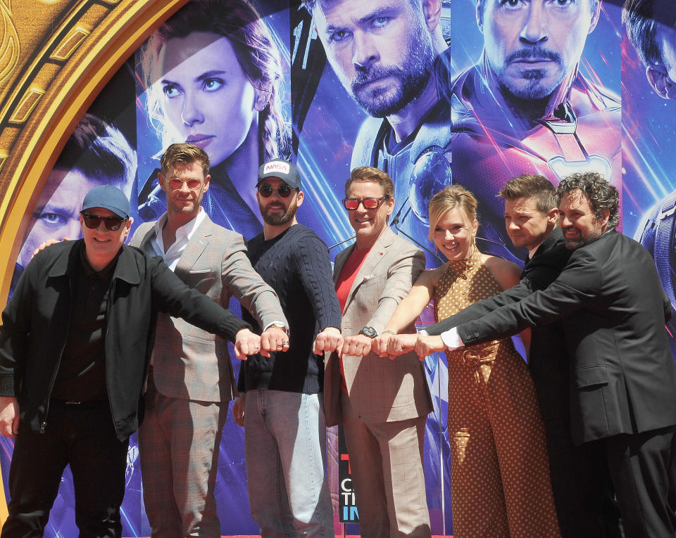 HOLLYWOOD, CA - APRIL 23:  Kevin Feige, Chris Hemsworth, Chris Evans, Scarlett Johansson, Mark Ruffalo and Jeremy Renner attend  Marvel Studios' 