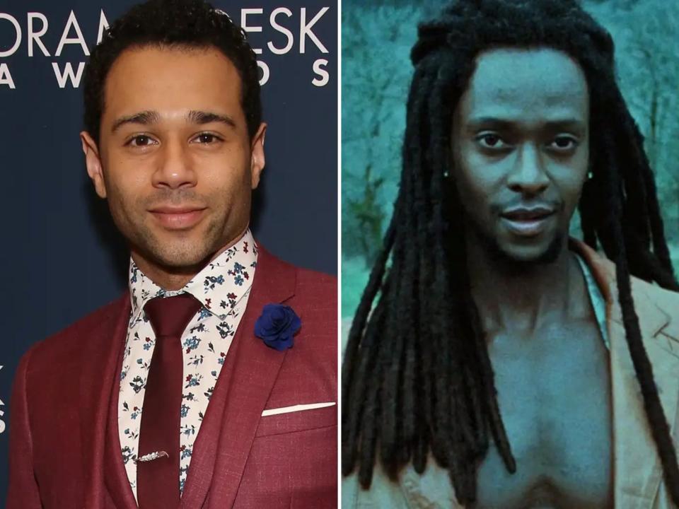 left: corbin bleu in a red suit; right: laurent in twilight