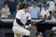 New York Yankees' Anthony Rizzo hits a single during the ninth inning of a baseball game against the Tampa Bay Rays Sunday, Oct. 3, 2021, in New York. The Yankees won 1-0. (AP Photo/Frank Franklin II)