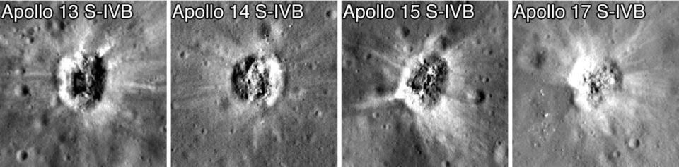 Craters formed by impacts of the Apollo S-IVB stages. At least 47 NASA rocket bodies have created “spacecraft impacts” on the Moon, but none are double craters.