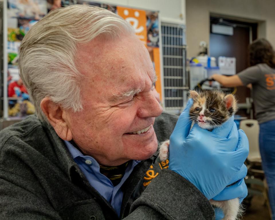 Robert Wagner helped out during this busy kitten season by taking a feeding shift at a Best Friends Animal Society kitten nursery