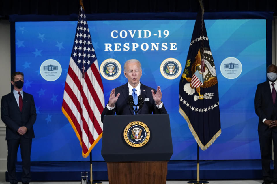 President Joe Biden, accompanied by Johnson and Johnson Chairman and CEO Alex Gorsky, and Merck Chairman and CEO Kenneth Frazier, speaks at an event in the South Court Auditorium in the Eisenhower Executive Office Building on the White House Campus, Tuesday, March 10, 2021, in Washington. (AP Photo/Andrew Harnik)