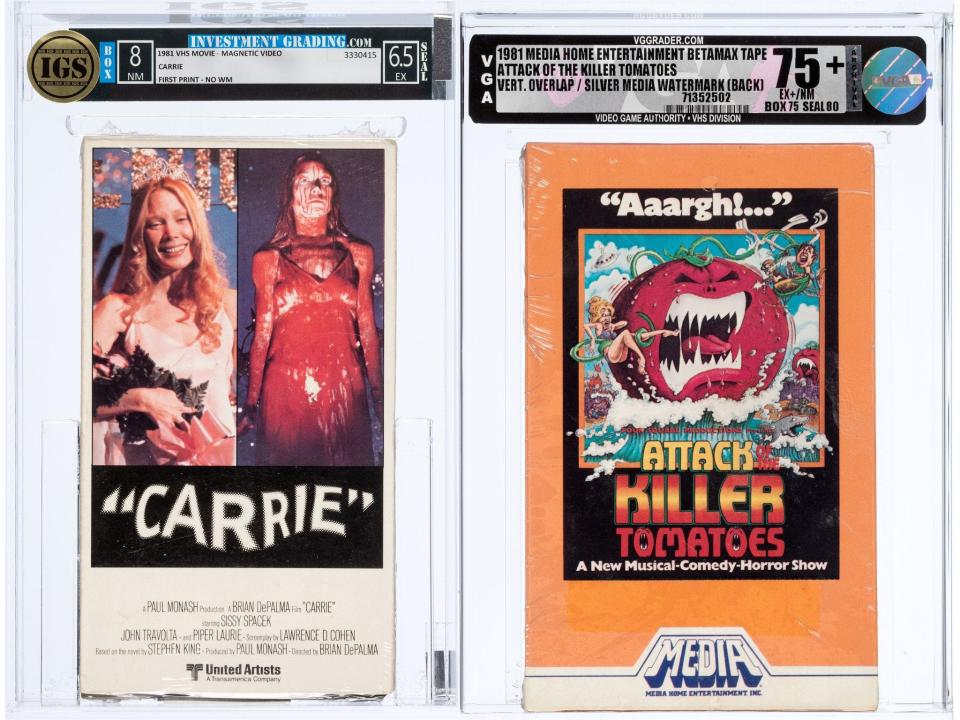 VHS tapes of "Carrie" and "Attack of the Killer Tomatoes"