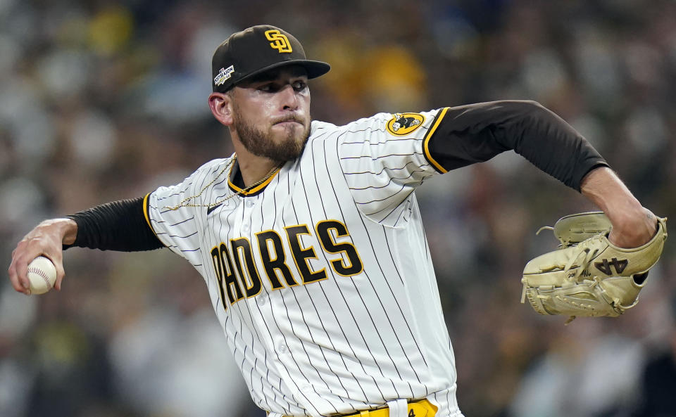 FILE - San Diego Padres starting pitcher Joe Musgrove works against a Los Angeles Dodgers batter during the first inning in Game 4 of a baseball NL Division Series, Oct. 15, 2022, in San Diego. (AP Photo/Jae C. Hong, File)