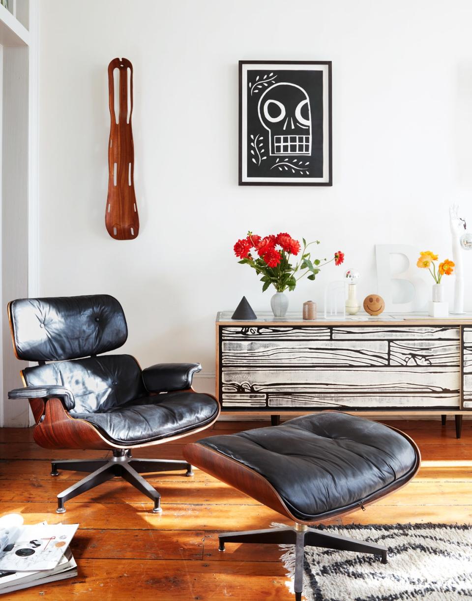 Aaron says about the rosewood 1960s Eames chair, “Many of the modern ones were constructed in the 1980s, with less exotic woods. The leather on this one is much nicer and softer as well.”