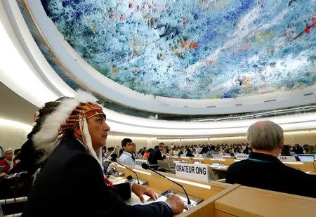 Dave Archambault II, chairman of the Standing Rock Sioux tribe, waits to give his speech against the Energy Transfer Partners' Dakota Access oil pipeline during the Human Rights Council at the United Nations in Geneva, Switzerland September 20, 2016. REUTERS/Denis Balibouse