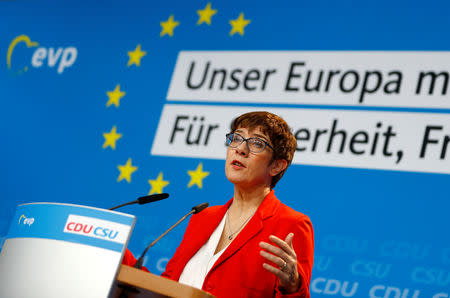 Christian Democratic Union (CDU) leader Annegret Kramp-Karrenbauer addresses the media following a CDU/CSU senior party leaders meeting in Berlin, Germany, March 25, 2019. REUTERS/Fabrizio Bensch
