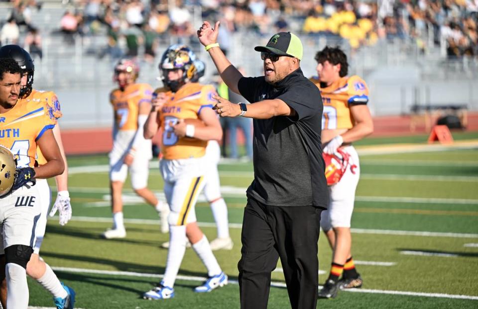 South co-head coach Tim Garcia (Grace Davis) before the Central California Lions All-Star Football Game at Tracy High School in Tracy, Calif., Saturday, June 24, 2023. Andy Alfaro/aalfaro@modbee.com