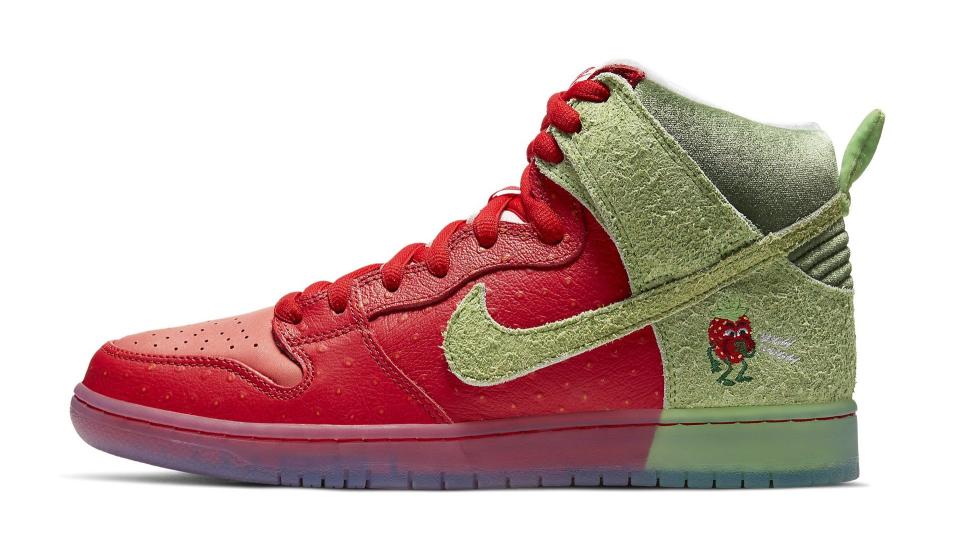 The lateral side of the Todd Bratrud x Nike SB Dunk High “Strawberry.” - Credit: Courtesy of Nike