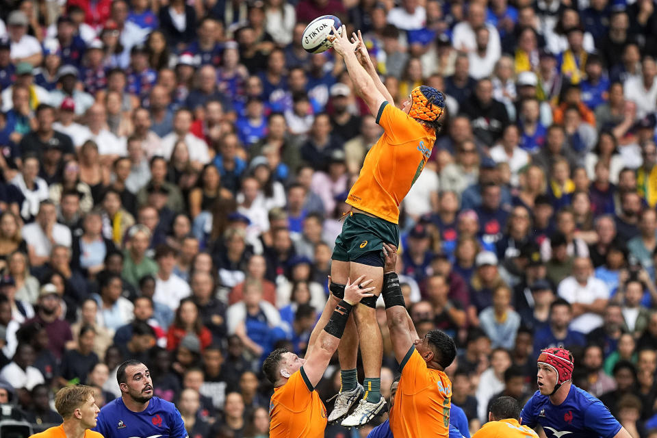 Australia's Tom Hooper catches the line out throw during the International Rugby Union World Cup warm-up match between France and Australia at the Stade de France stadium in Saint Denis, outside Paris, Sunday, Aug. 27, 2023. (AP Photo/Michel Euler)