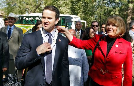 U.S. Republican lawmakers Aaron Schock (L) and Cynthia Lummis arrive at the Gandhi Ashram in the western Indian city of Ahmedabad in this March 28, 2013 file photo. REUTERS/Amit Dave/Files