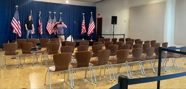 Nikki Haley’s staff sets up for a press conference in downtown Greenville. Haley is set to take the stage at 12.