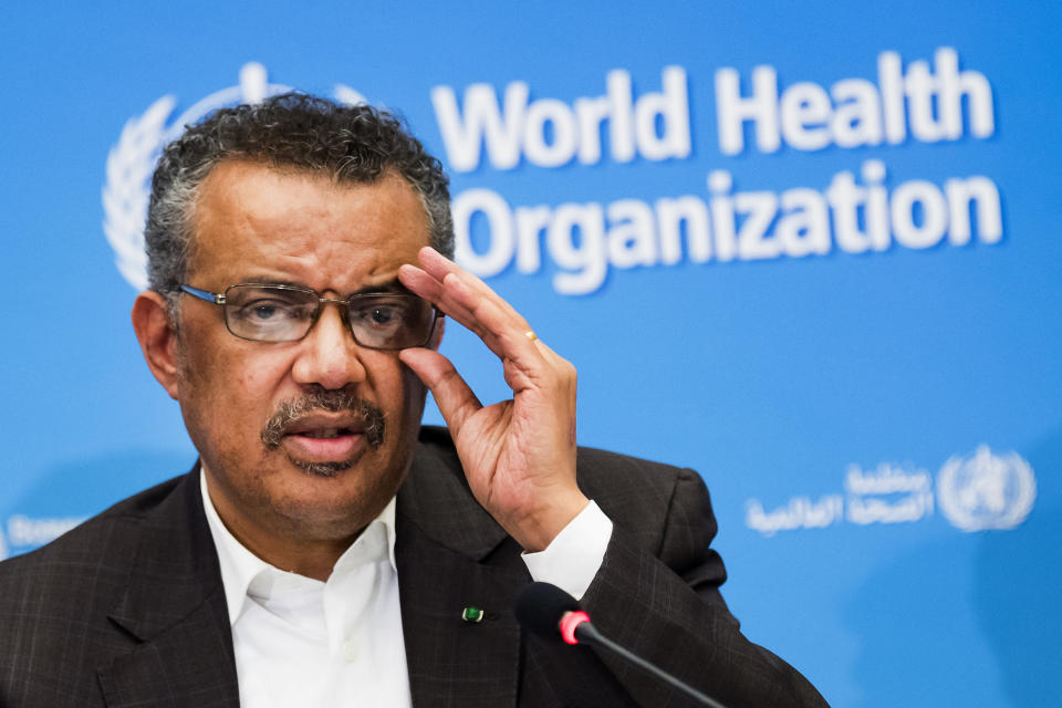 FILE-In this Jan. 30, 2020 Tedros Adhanom Ghebreyesus, Director General of the World Health Organization (WHO), talks to the media at the World Health Organization headquarters in Geneva, Switzerland. The World Health Organization’s director-general has faced many challenges during the coronavirus pandemic: racial slurs, death threats, social media caricatures — he was once depicted as a ventriloquist’s dummy in the hands of Chinese President Xi Jinping — and U.S. funding cuts. (Jean-Christophe Bott/Keystone via AP)