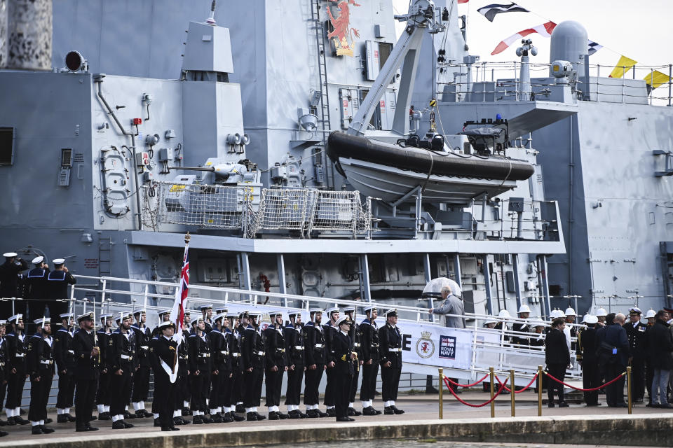 King Charles III visits HMS Iron Duke with Queen Camilla, in Bordeaux, southwestern France, Friday Sept. 22, 2023. Britain's King Charles III traveled to Bordeaux on the third day of his state visit to France to focus on climate and the environment. Christophe Archambault, Pool via AP)