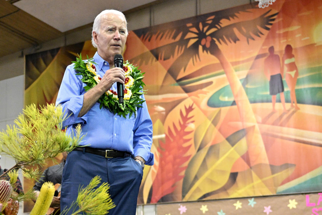 President Biden speaks in Hawaii following the deadly wildfires that tore across Maui last year.