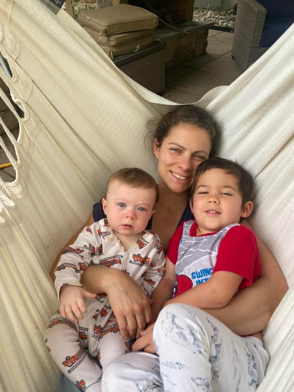 Katie Seley poses with her sons, Conrad Sheils, 9 months (left) and Jack Sheils, 4.   Seley and daughter Matilda Sheils, 2, perished in the July 15 2023 flash floods in Upper Makefield.  Jack and his father, Jim Sheils, Seley's fiance, survived, and Seley's mother, Dahlia Galindez, 62, of Charleston South Carolina.