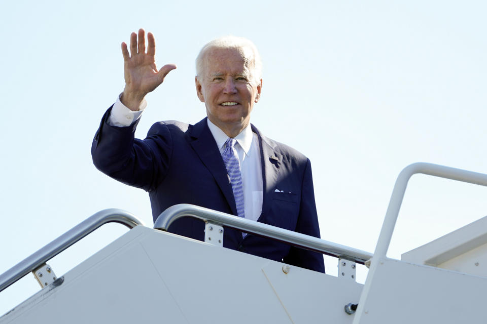 President Joe Biden waves before boarding Air Force One at Andrews Air Force Base, Md., Saturday, June 25, 2022. Biden is traveling to Germany to attend a Group of Seven summit of leaders of the world's major industrialized nations. After the meeting in the Bavarian Alps, the president will go to Madrid on June 28 to participate in a gathering of NATO member countries. (AP Photo/Susan Walsh)