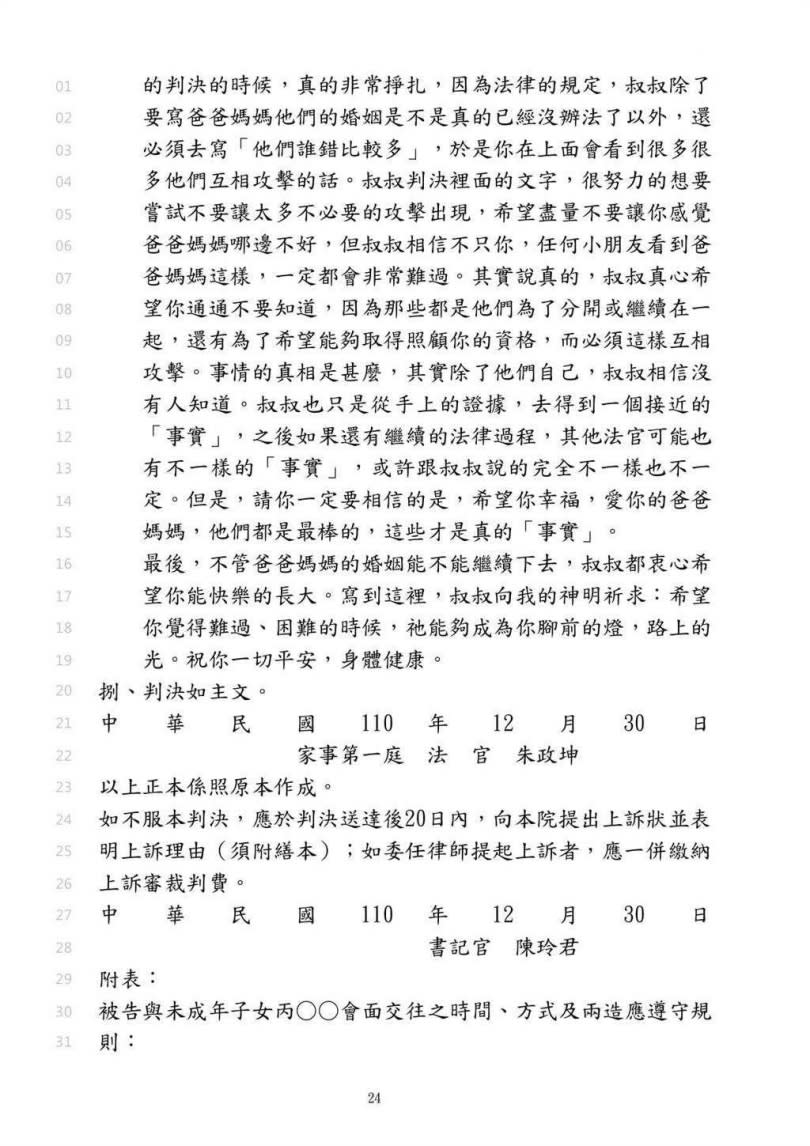 臉書流傳一件家事法官在離婚判決書寫給當事人小孩的內容，網友感嘆「小朋友才是在夾縫中求生存的那個人」。（圖／翻拍臉書）