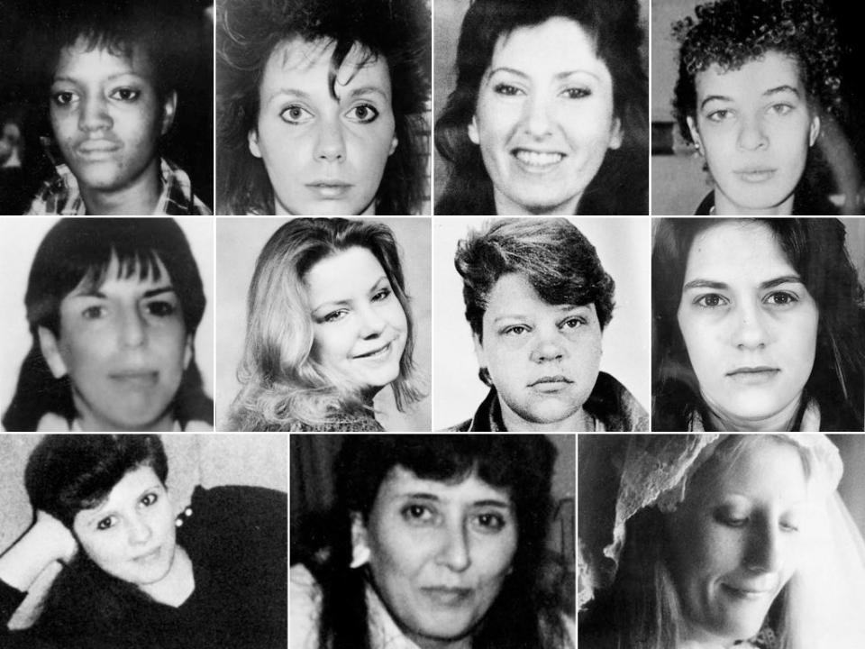 Las víctimas del asesino en serie, en el sentido de las agujas del reloj desde la parte superior izquierda, fueron: Dawn Mendes; Rochelle Dopierala; Robbin Rhodes; Christina Monteiro; Marilyn Cardoza Roberts; Mary Rose Santos; Debroh Lynn McConnell; Debra Medeiros; Sandra Botelho; Nancy Paiva; y Debra Greenlaw DeMello (Brandeis University Press)