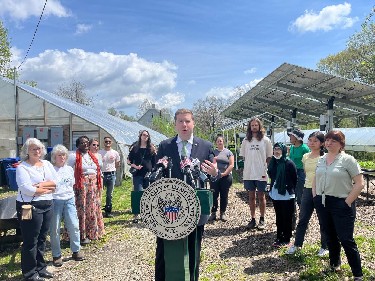 Binghamton Mayor Jared Kraham announced a $100,000 grant at VINES Urban Farm in downtown Binghamton Wednesday, May 1, 2024.