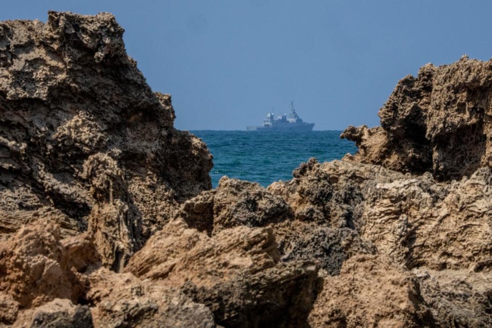 An Israeli military naval ship patrols the Mediterranean Sea off the coast of Hadera, Israel (AP)