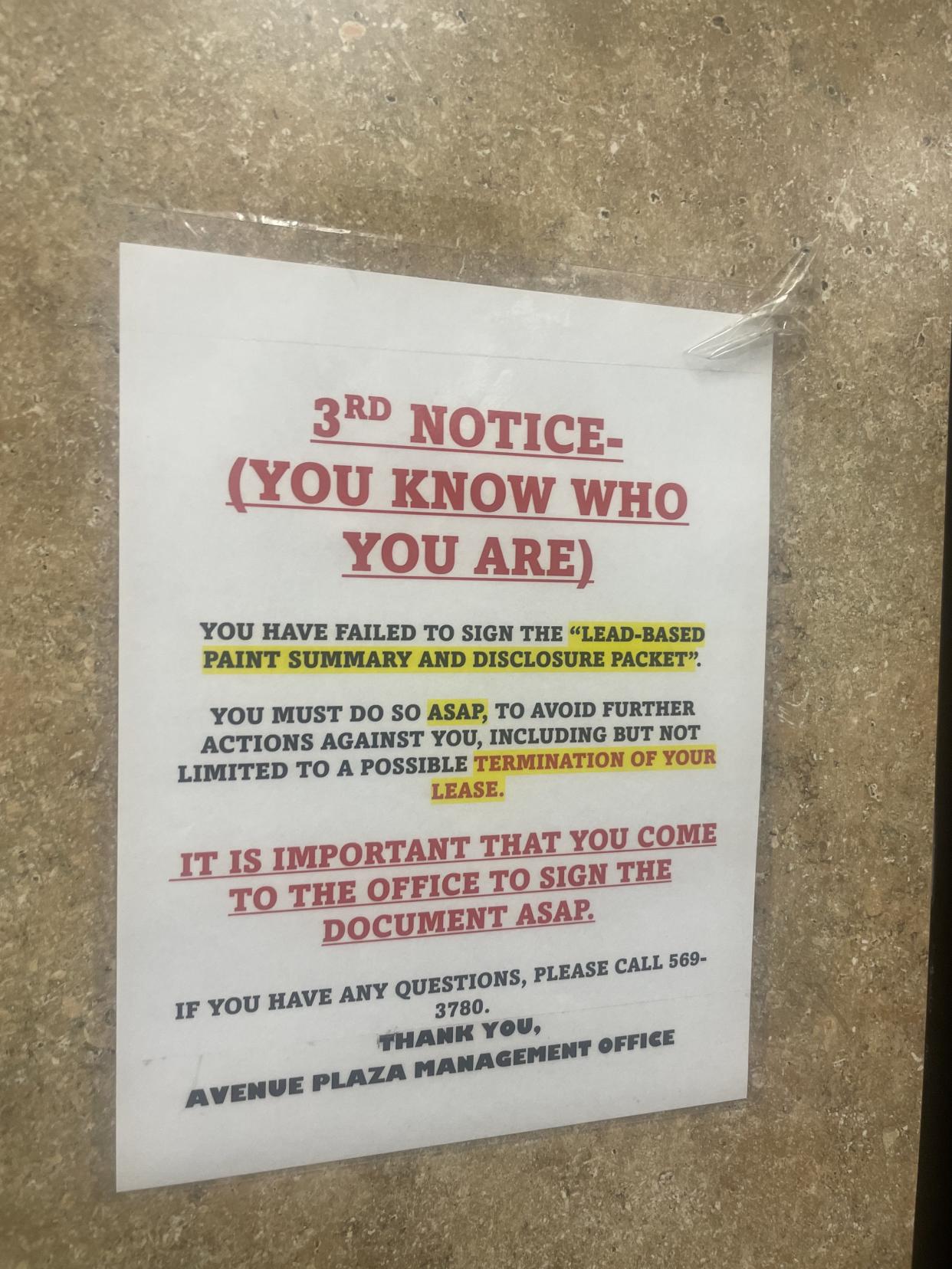 A flyer posted by the Louisville Metro Housing Authority in the Avenue Plaza elevator in April 2024. Jailen Leavell, public information officer for LMHA, said the notice had since been taken down.