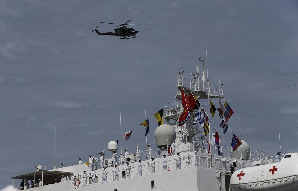 Chinese navy hospital ship "The Peace Ark" arrives at the port in la Guaira, Venezuela, Saturday, Sept. 22, 2018. The stop by the People's Liberation Army Navy's ship is the latest in an 11-nation "Mission Harmony" tour and will provide free medical treatment for Venezuelans. (AP Photo/Ariana Cubillos)