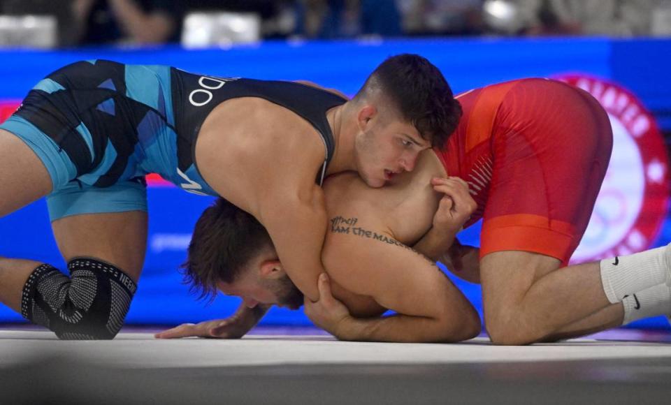 Alex Facundo controls Tyler Berger in a 74 kg consolation bout during the U.S. Olympic Team Trials at the Bryce Jordan Center on Friday, April 19, 2024.