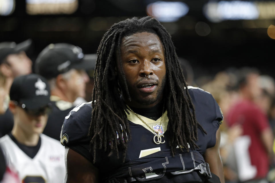 New Orleans Saints running back Alvin Kamara (41) warms up before an NFL football game against the Seattle Seahawks, Sunday, Oct. 9, 2022, in New Orleans. (AP Photo/Tyler Kaufman)