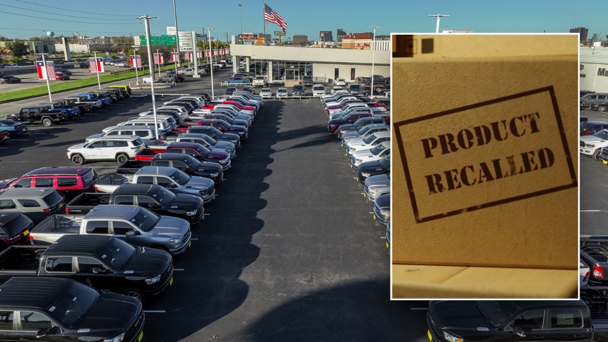 Split image of Ram dealership, product recall sign