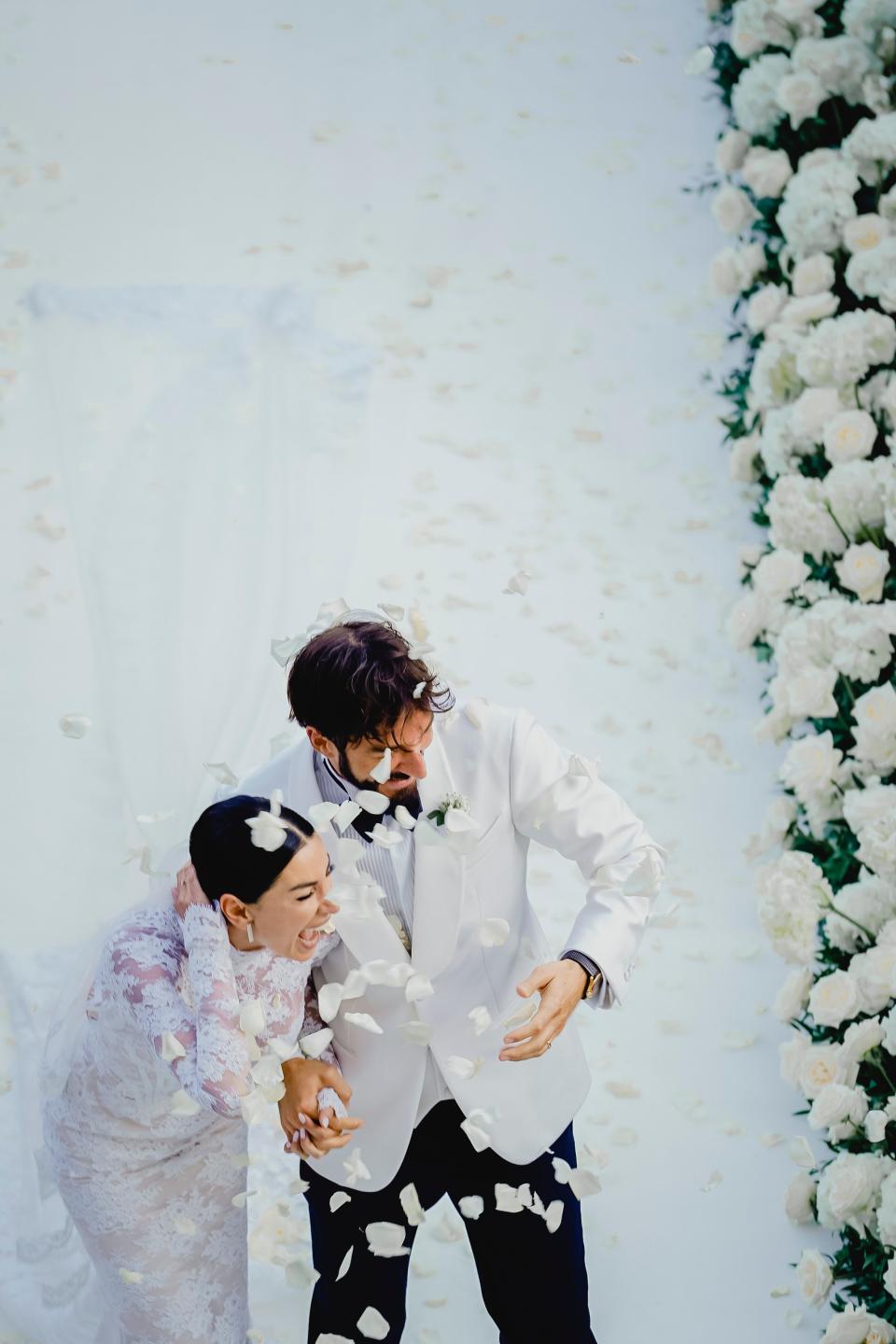 Giorgia Gabriele Wore a Custom Off-White Wedding Dress With a 26-Foot Train to Her Ceremony on Lake Como