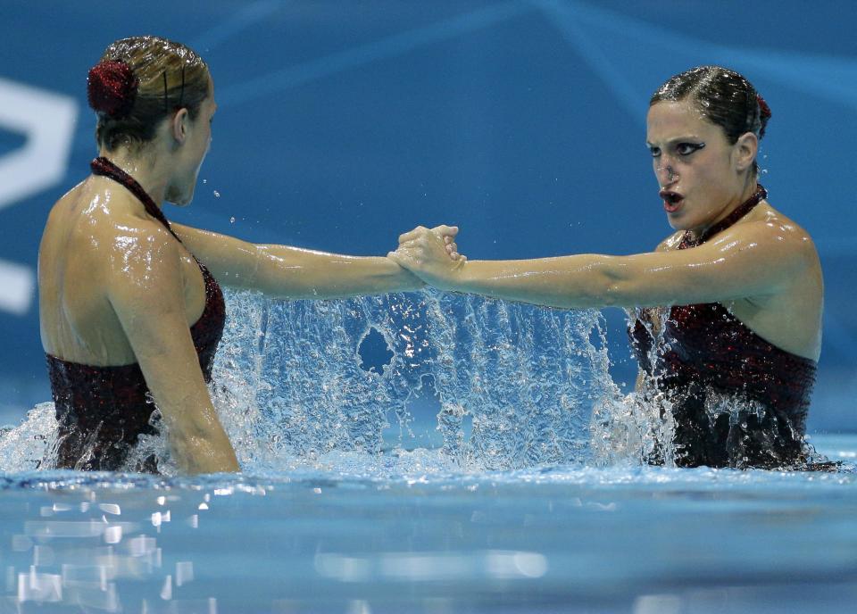 Etl Sanchez and Sofia Sanchez from Argentina compete during the women's duet synchronized swimming technical routine at the Aquatics Centre in the Olympic Park during the 2012 Summer Olympics in London, Sunday, Aug. 5, 2012. (AP Photo/Michael Sohn)