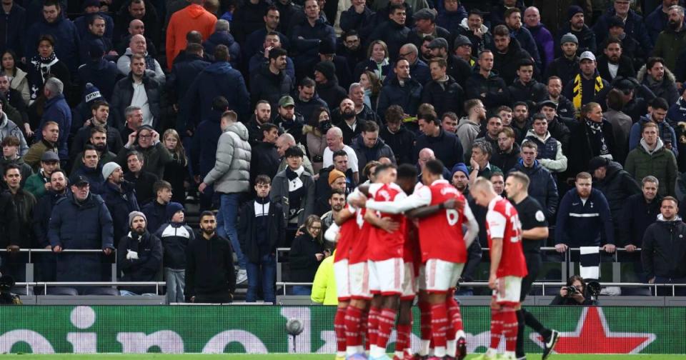 Spurs v Arsenal - Arsenal players celebrate their goal Credit: Alamy