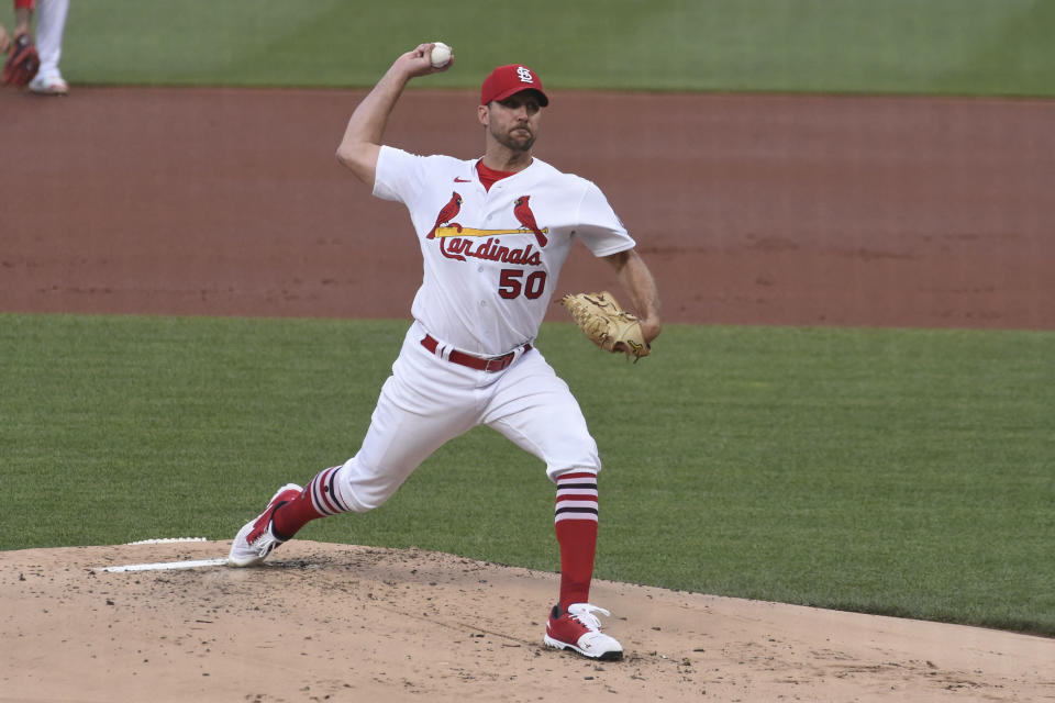 St. Louis Cardinals starting pitcher Adam Wainwright throws against the Miami Marlins during the second inning of a baseball game Monday, June 14, 2021, in St. Louis. (AP Photo/Joe Puetz)