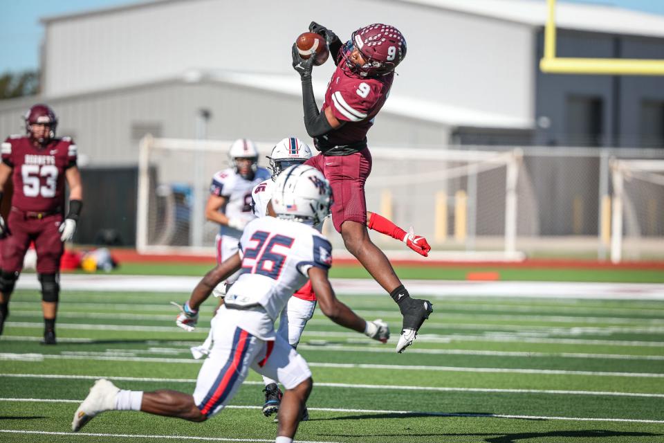 Flour Bluff's Cameron Dickson catches a pass during the Class 5A Division II regional round on Nov. 26, 2022, in Corpus Christi, Texas.