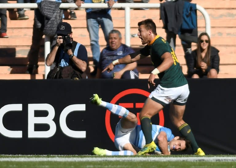 Nicolas Sanchez dives to score a try against South Africa