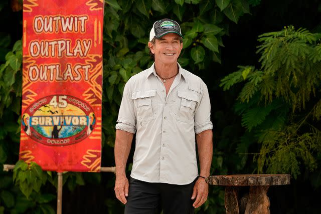 <p>Robert Voets/CBS/Getty</p> Jeff Probst hosting 'Survivor'.