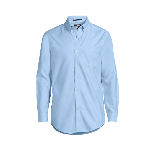 light blue oxford button down dress shirt against white background