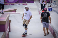 Dallas Oberholzer, 46, from South Africa, takes part in a men's park skateboarding training session at the 2020 Summer Olympics, Saturday, July 31, 2021, in Tokyo, Japan. The age-range of competitors in skateboarding's Olympic debut at the Tokyo Games is remarkably broad and Oberholzer will go wheel-to-wheel with skaters less than half his age. (AP Photo/Ben Curtis)