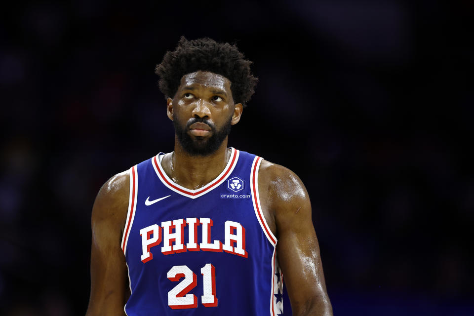 PHILADELPHIA, PENNSYLVANIA - NOVEMBER 02: Joel Embiid #21 of the Philadelphia 76ers looks on during the first quarter against the Toronto Raptors at the Wells Fargo Center on November 02, 2023 in Philadelphia, Pennsylvania. NOTE TO USER: User expressly acknowledges and agrees that, by downloading and or using this photograph, User is consenting to the terms and conditions of the Getty Images License Agreement. (Photo by Tim Nwachukwu/Getty Images)