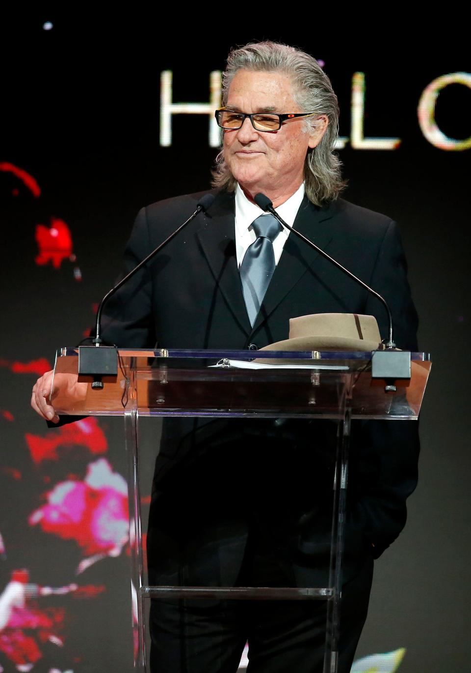 Kurt Russell speaks before accepting the 2022 Hall of Great Western Performers during the Western Heritage Awards at the National Cowboy & Western Heritage Museum in Oklahoma City, Saturday, April, 9, 2022. His father Mr. Neil Oliver "Bing" Russell was also a honoree. 