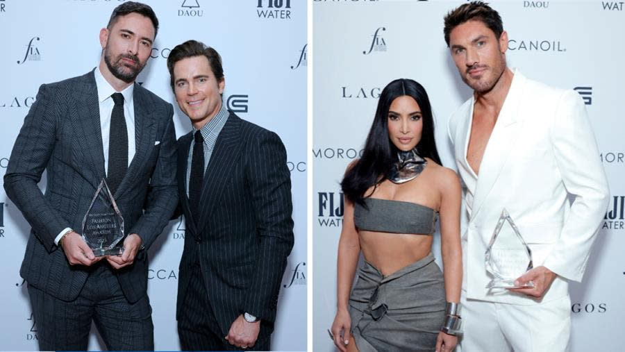 (Left) Warren Alfie Baker, Men’s Stylist of the Year recipient, and Matt Bomer (Right); (Right) Kim Kardashian and Chris Appleton, Hair Artist of the Year Award recipient, all attend The Daily Front Row’s 7th Annual Fashion Los Angeles Awards at The Beverly Hills Hotel in Beverly Hills. (Stefanie Keenan/Getty Images for Daily Front Row)